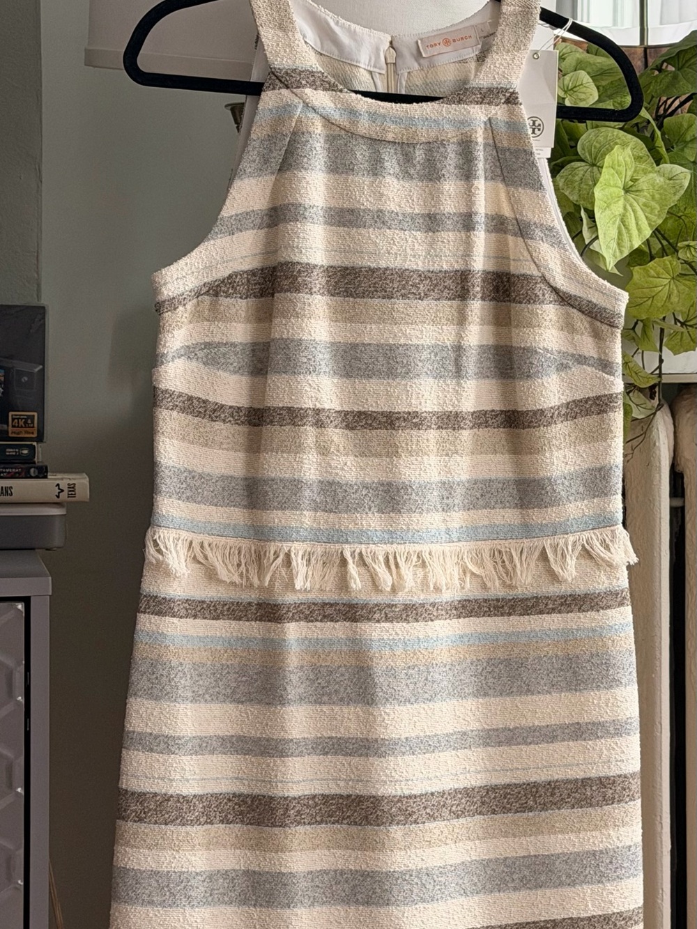 Tory Burch Striped Fringe A-Line Dress in Cream, Gray & Light Blue